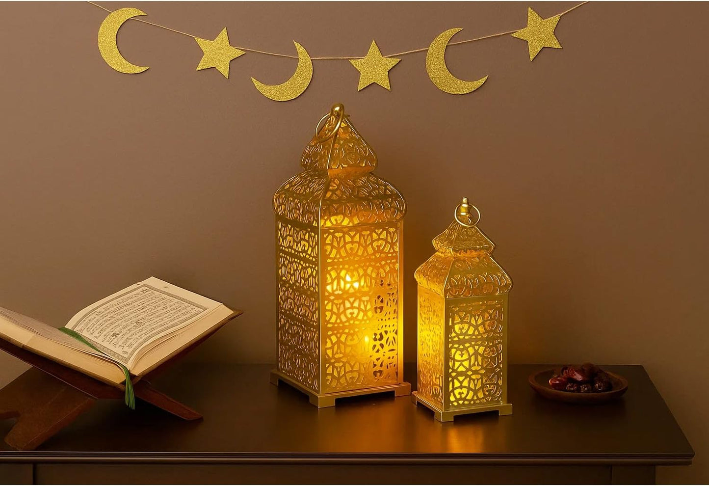 Vela Lanterns Decorative Indoor Moroccan Candle Holders, Gold, Set of 2 | Ramadan, Eid & Islamic Home Decor, Large
