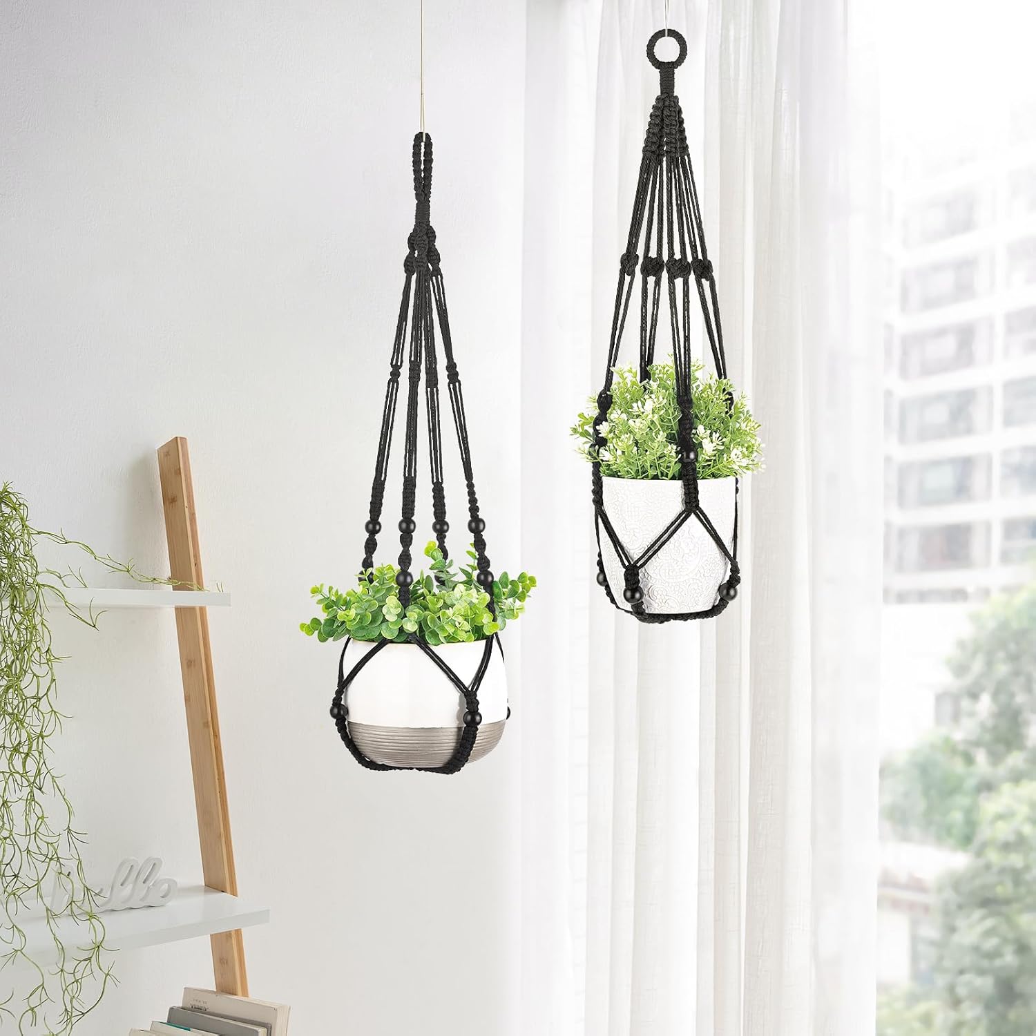Macrame Plant Hangers Indoor Different Size Hanging Planter Basket / Medium / Black / Set of 3