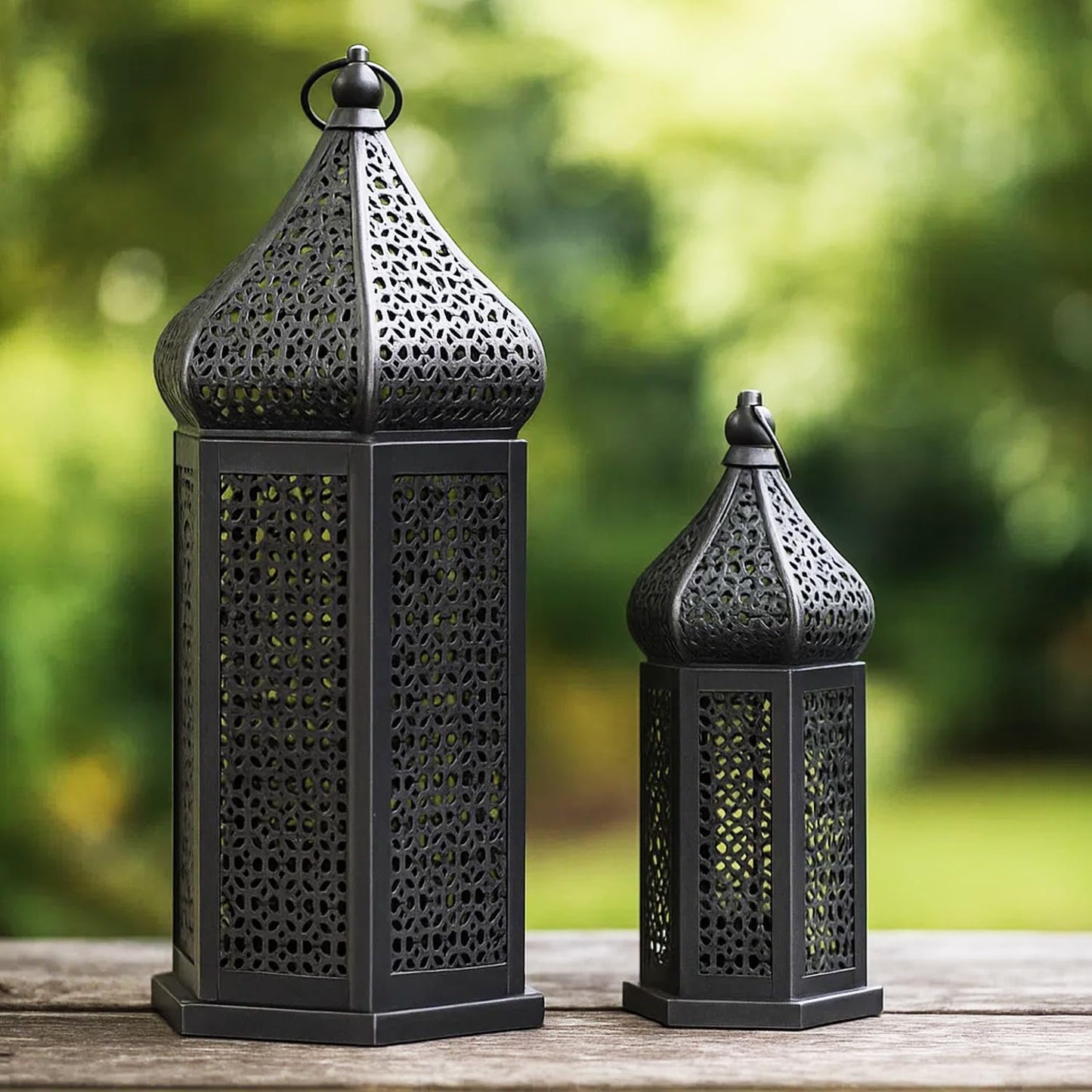 Vela Lanterns Decorative Indoor Black Moroccan Temple Lanterns, Set of 2 | Black Ramadan Decorations for Home, Eid