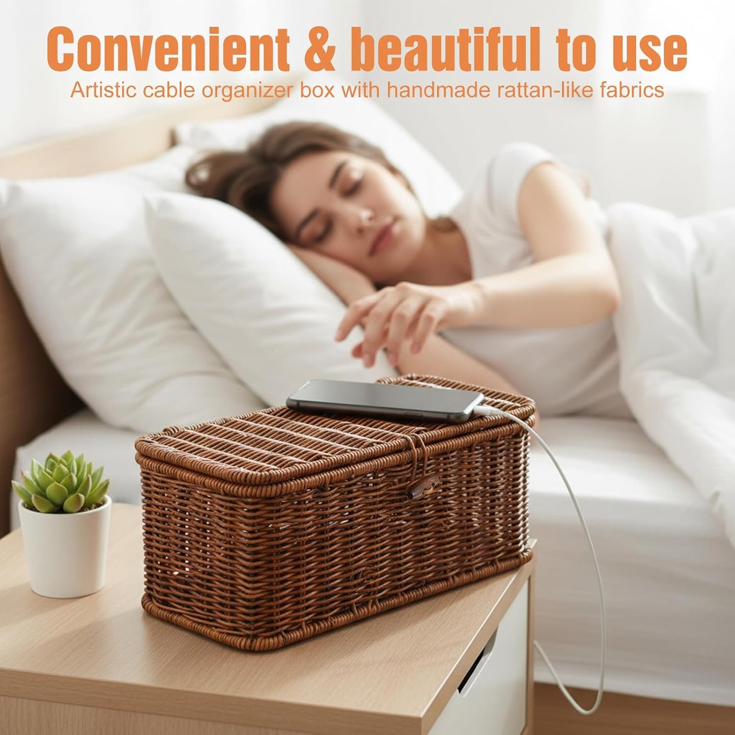 Cable Management Box Handmade Rattan Cable Organizer Stylish Hider Box
