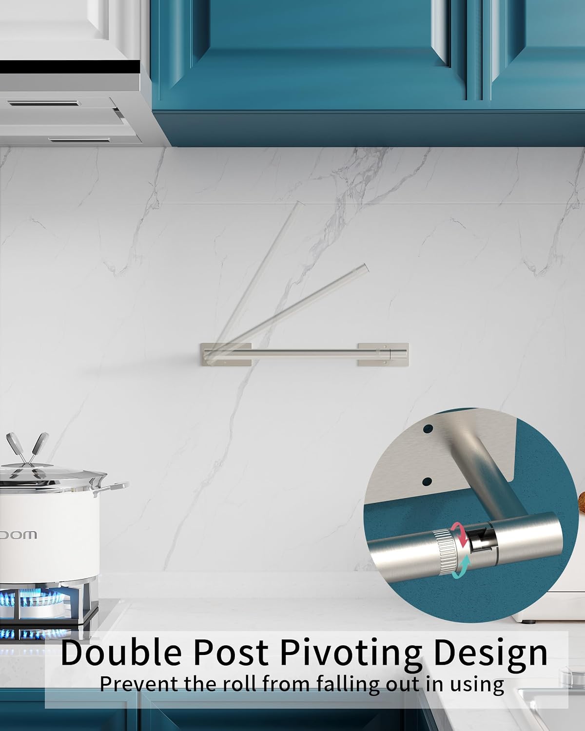 Paper Towel Holder Under Cabinet with 2Hooks Self Adhesive Silver | Brushed Nickel 304 Stainless Steel Post Pivoting