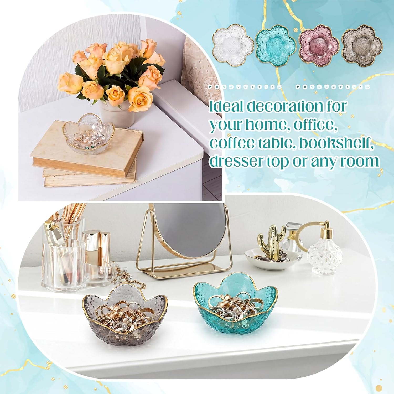 Jewelry Dish Small Flower Ring Holder Trinket Tray / Clear,purple, Gray, Green / Glass / Set of 4