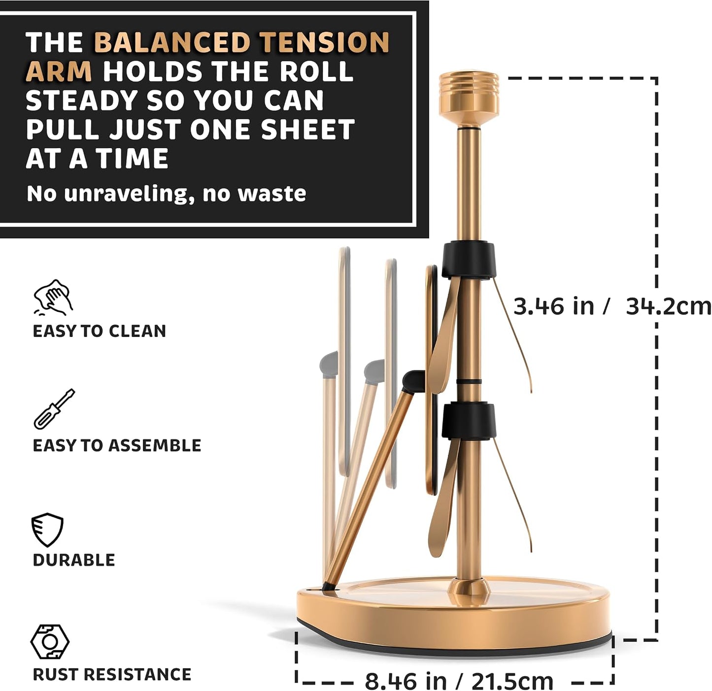 Stainless Steel Tension Arm Paper Towel Holder - Easy One-Handed Operation - This Sturdy Weighted Paper Towel Dispenser