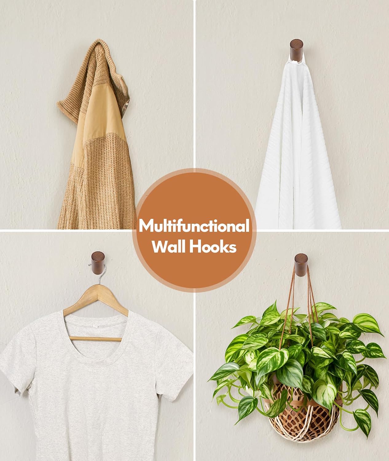 Wood Wall Hooks for Hanging / Walnut / Set of 6