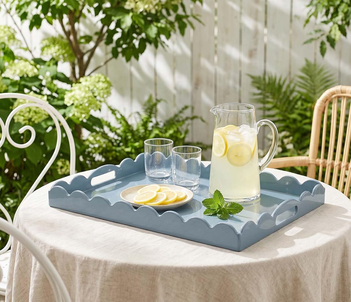 Scalloped Glossy Plastic Lacquer Decorative Tray / Dusty Blue / 15.7 x 11.8