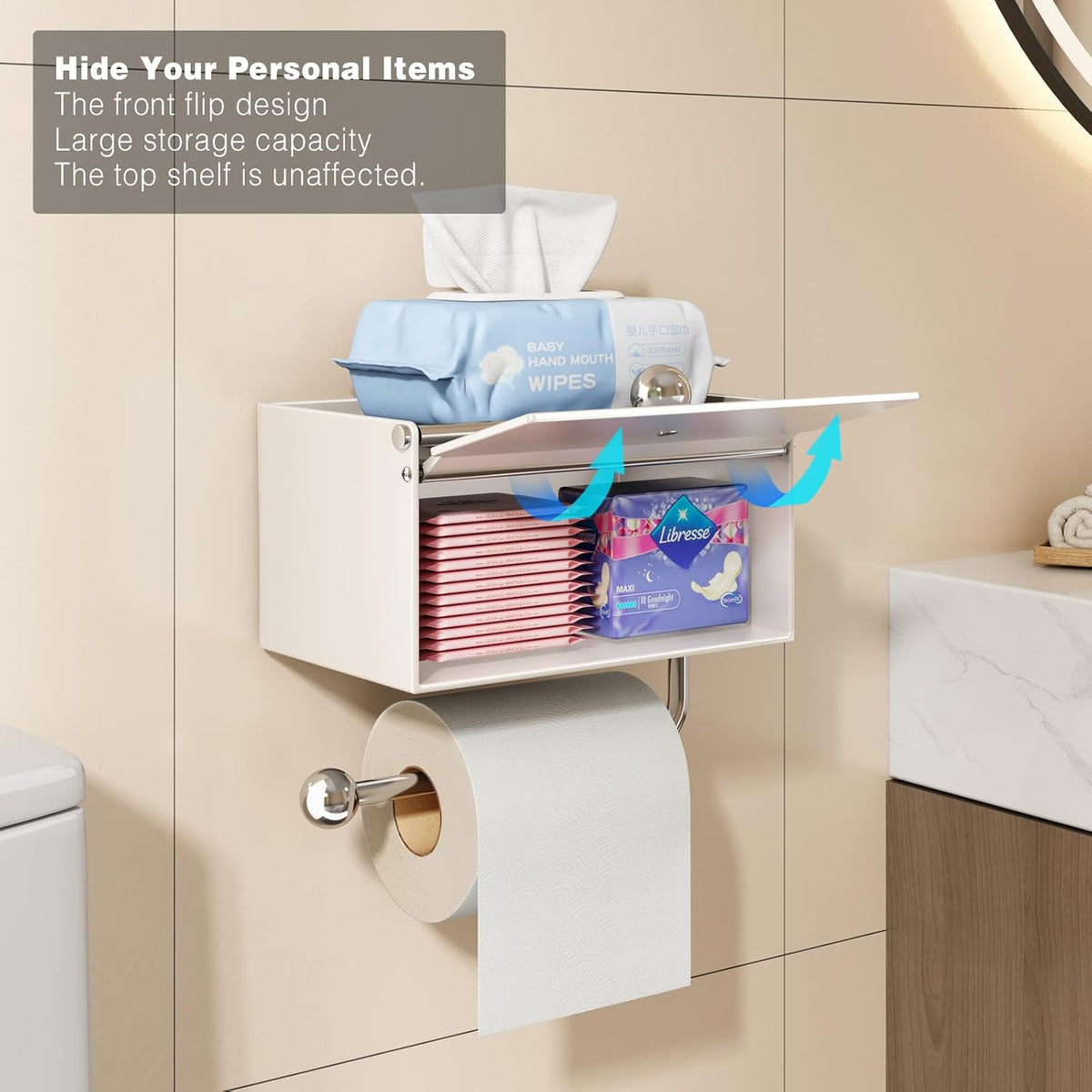 Voldra Toilet Paper Holder with Shelf, Flushable Wipes Dispenser for Bathroom, Adhesive Toilet Paper Roll Holder with
