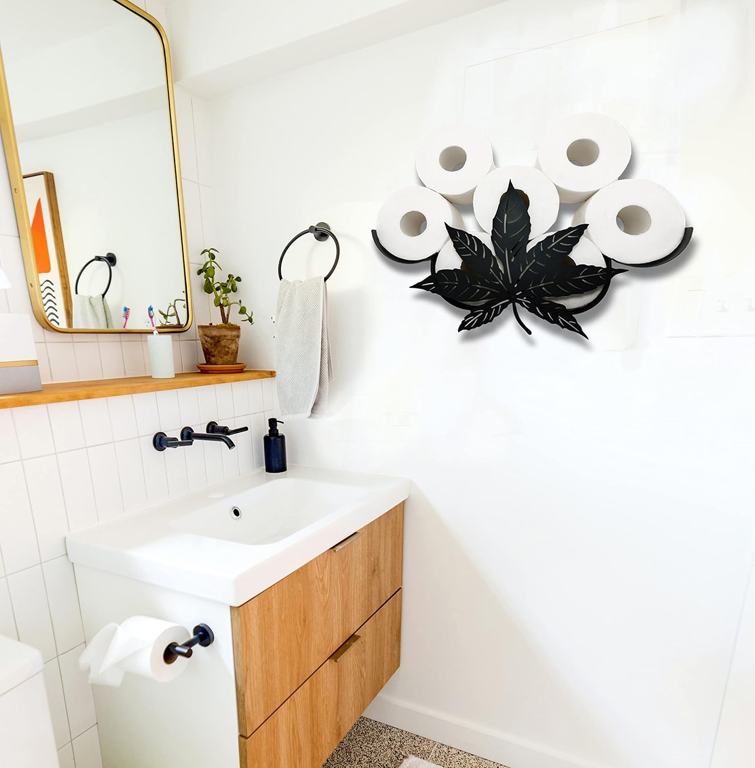 Metal Leaves Wall Toilet Paper Storage - Black Tissue Holder, Cute Wall Organizer for 8 Rolls