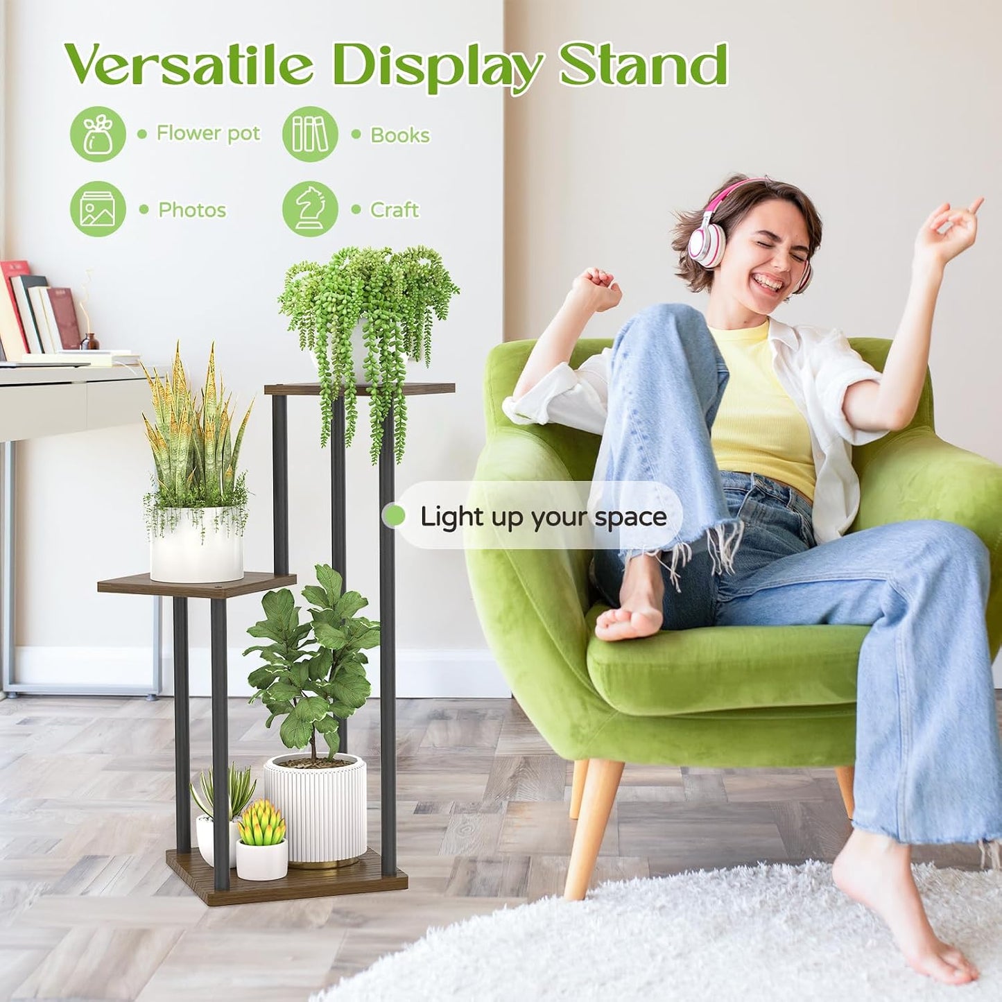 3 Tier Plant Stand Indoor Outdoor,Oppro Wood Metal Corner Flower Shelf | Planter Pot Holder Clearance, Multiple Plants