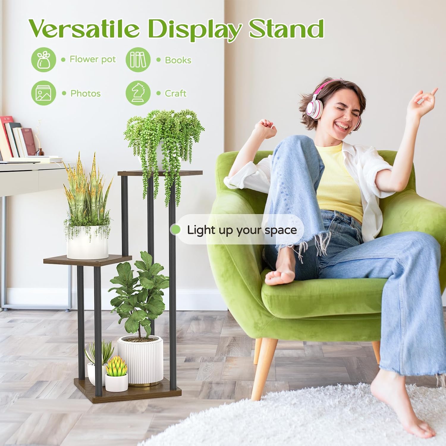 3 Tier Plant Stand Indoor Outdoor,Oppro Wood Metal Corner Flower Shelf | Planter Pot Holder Clearance, Multiple Plants