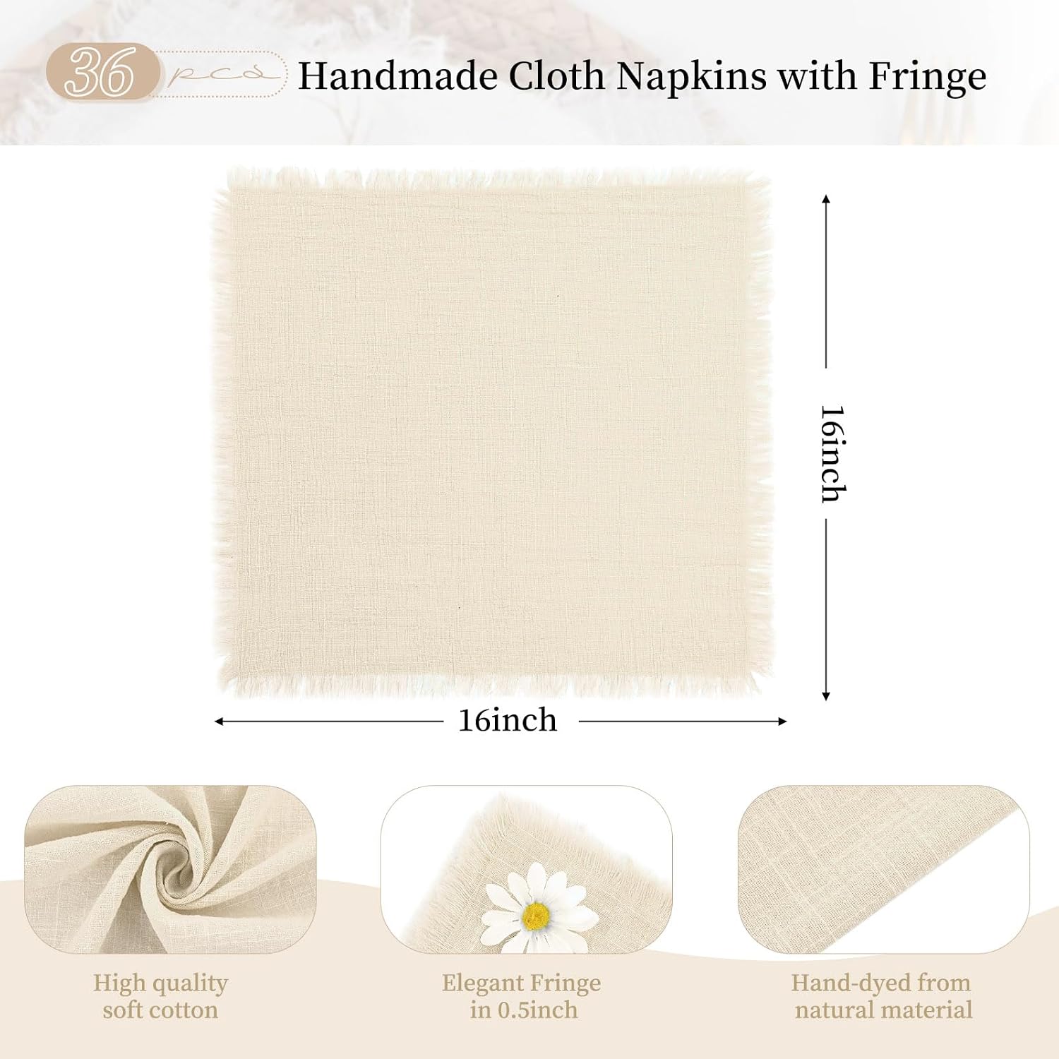 36 Pack Cotton Linen Napkins 16 x 16 Inch Linen Napkins Cloth Handmade with Fringe Soft Cloth Napkins Washable Rustic