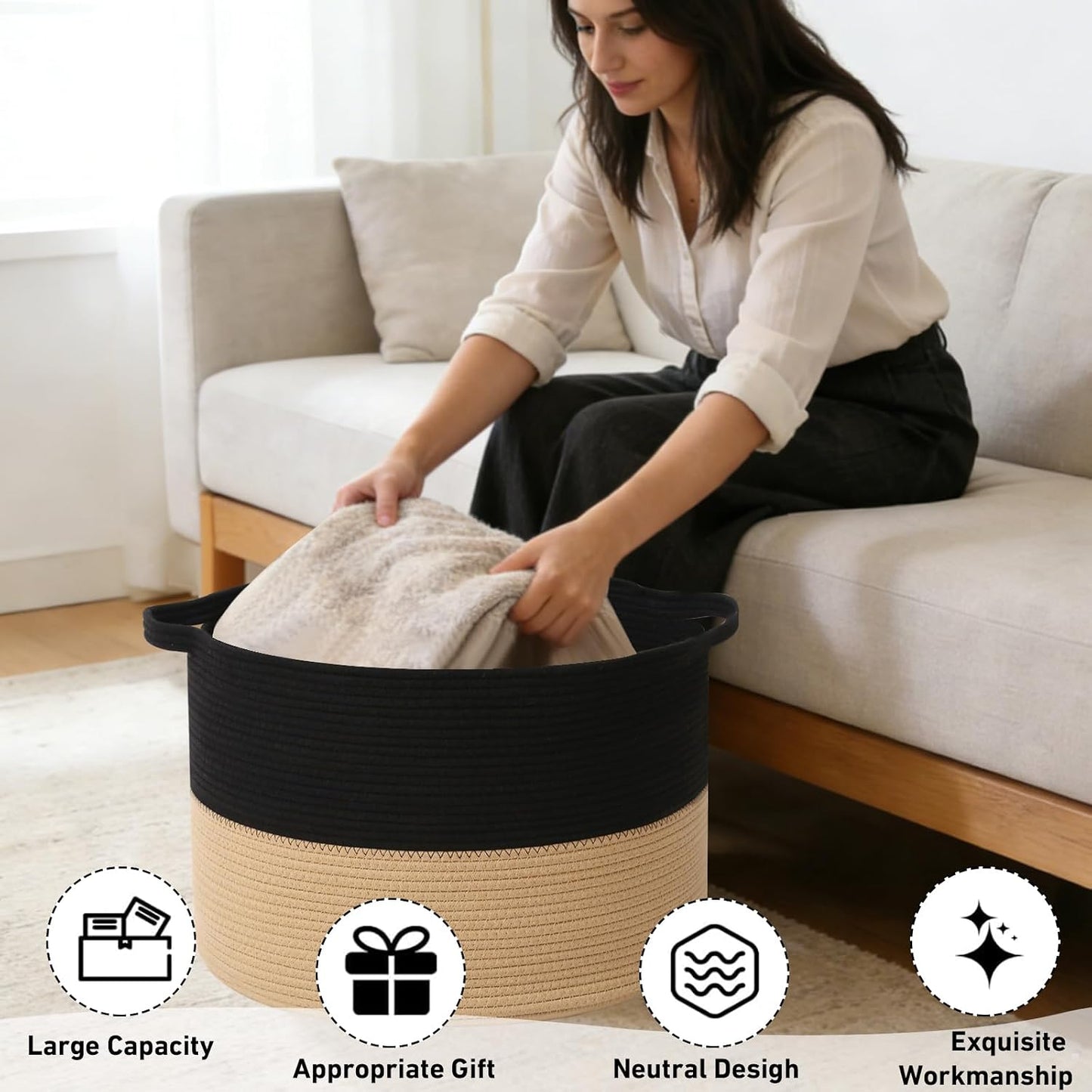 Woven Rope Laundry Basket Hamper / Black&camel / 19.7"L x 19.7"W x 13"H