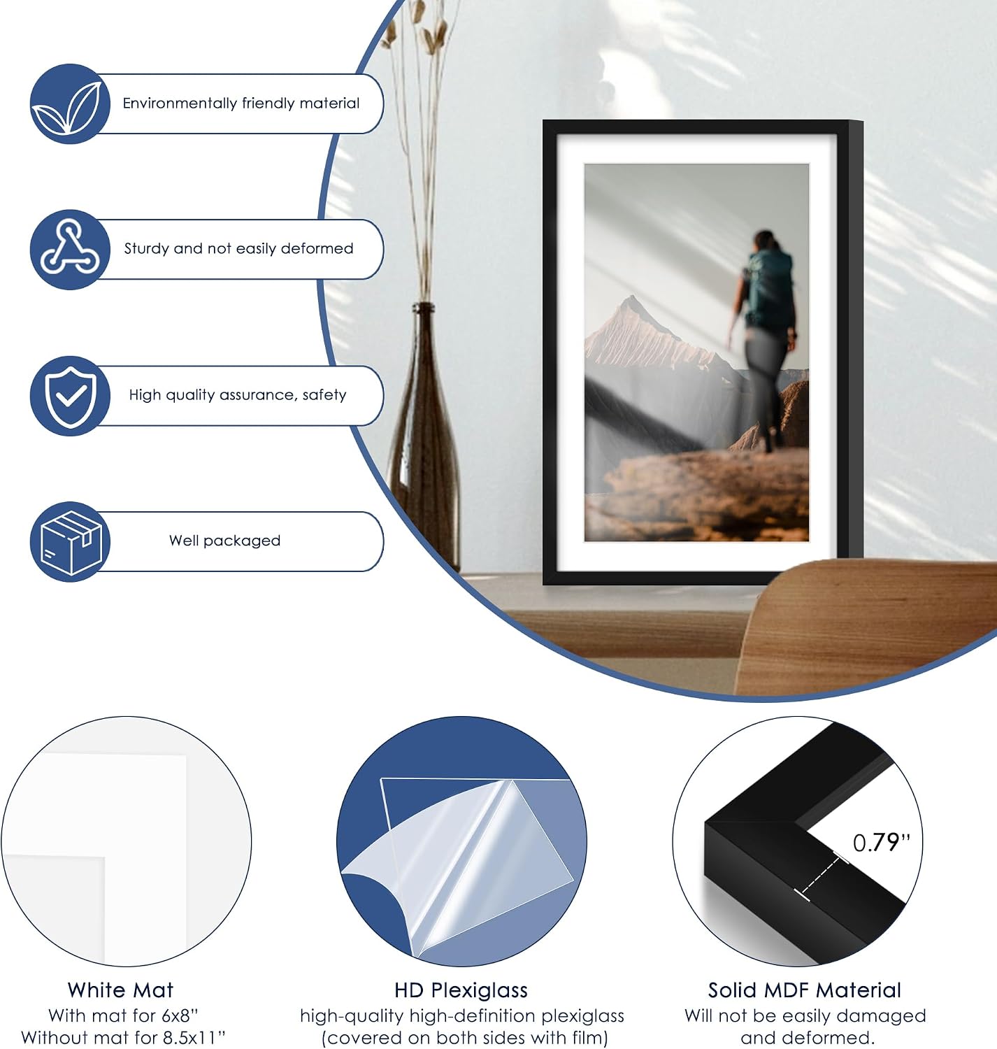 13x19 Picture Frame Set of 6, Wall Mounting Display, Black | Display 11x17 with Mat or 13x19 Without Mat, Horizontal or