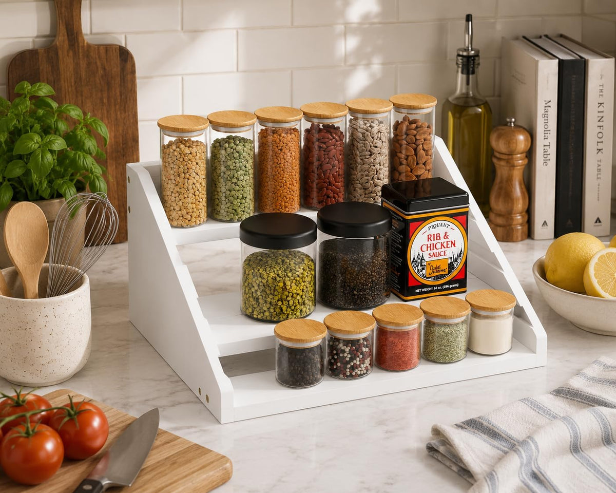 Solid Wood Spice Rack Organizer for Countertop & Cabinet, 4 Tier Adjustable Wooden Spice Shelf with Sliding Track