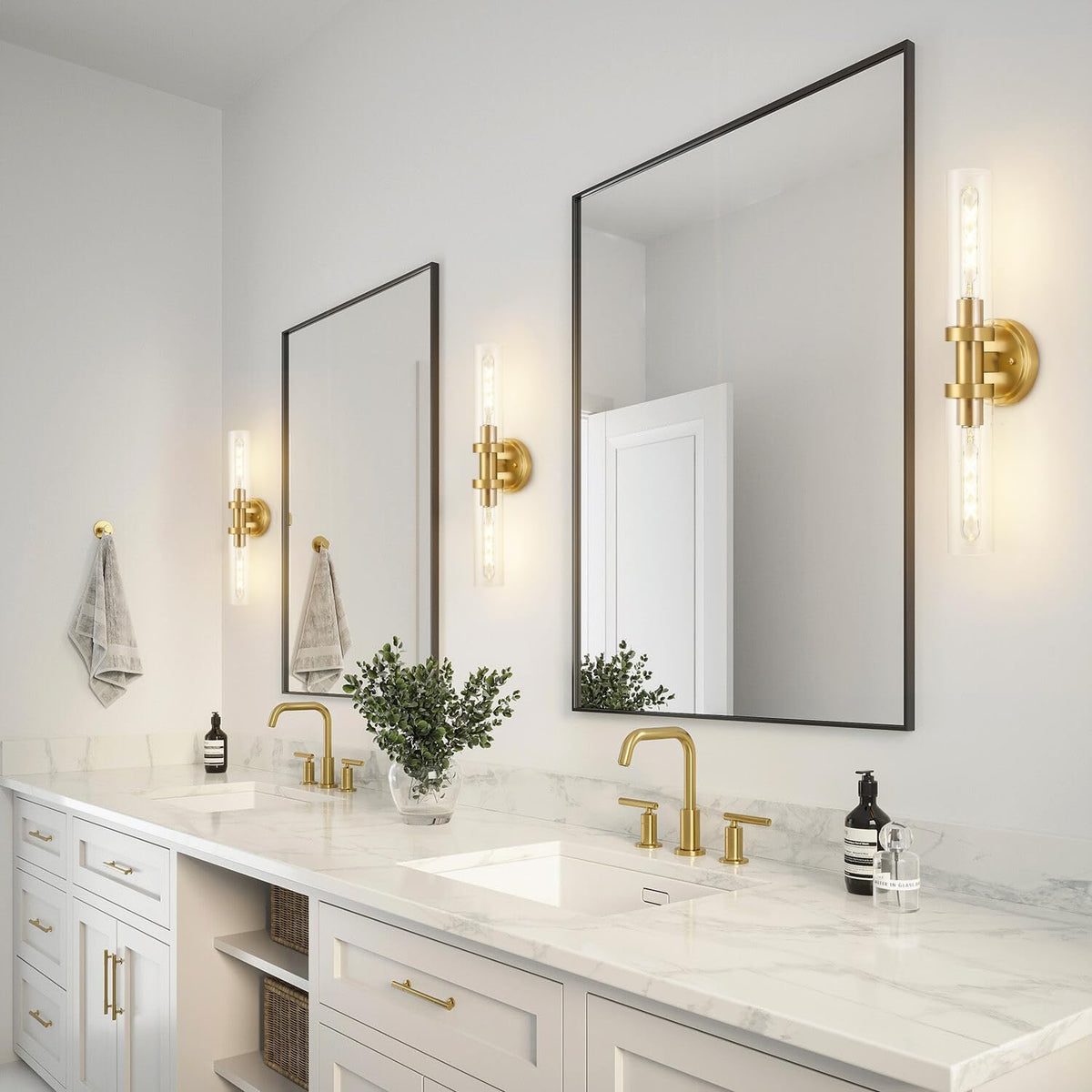 Brushed Gold Bathroom Vanity Light Fixture, 2-Light Modern Wall Sconce Lighting W/Clear Glass, Brass Wall Mount Lamp