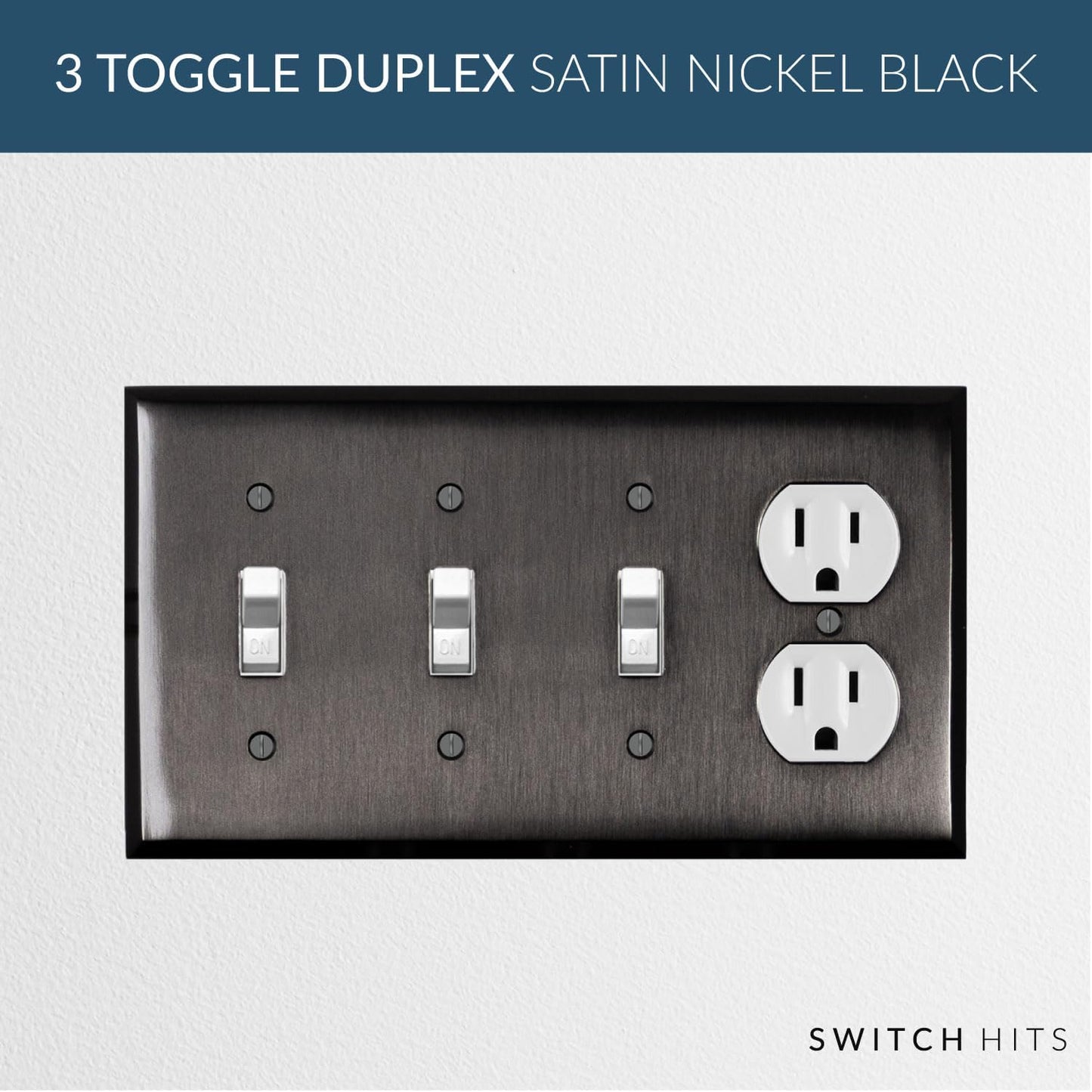 Satin Nickel Black Outlet Wall Plate | 3 Toggle - 1 Duplex | 8.25" x 4.5" | Hand-Polished Brass Construction