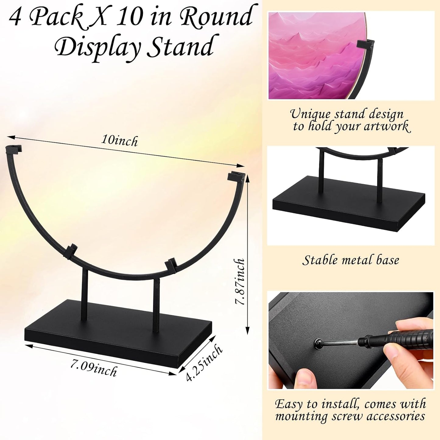 Blulu 4 PCS 10 Inch Round Metal Display Stands for Stained Glass Fused Glass Art Easel Display Stands Decorative Plate
