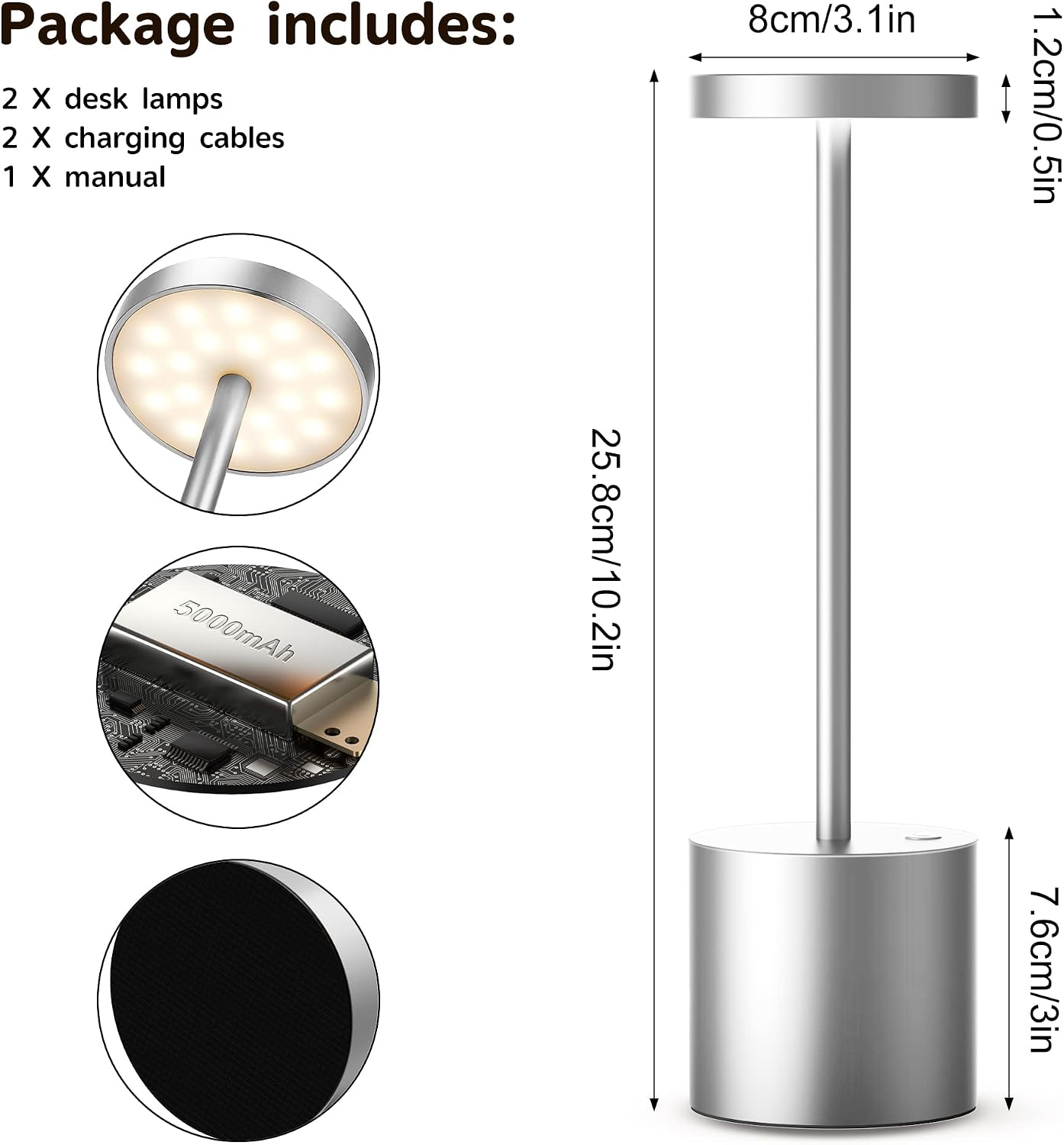 2Pack Cordless Rechargeable LED Restaurants Outdoor Table Lamp | Battery 5000mAh Metal USB Portable Powered Desk Lamp