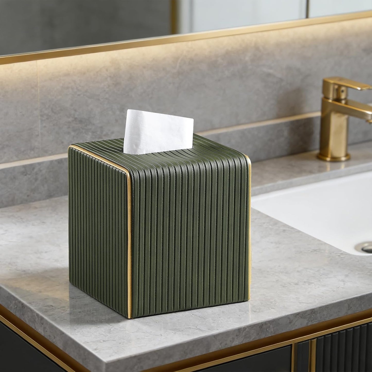 PU Leather Tissue Box Cover Square Tissue Box Holder / Green Fluted