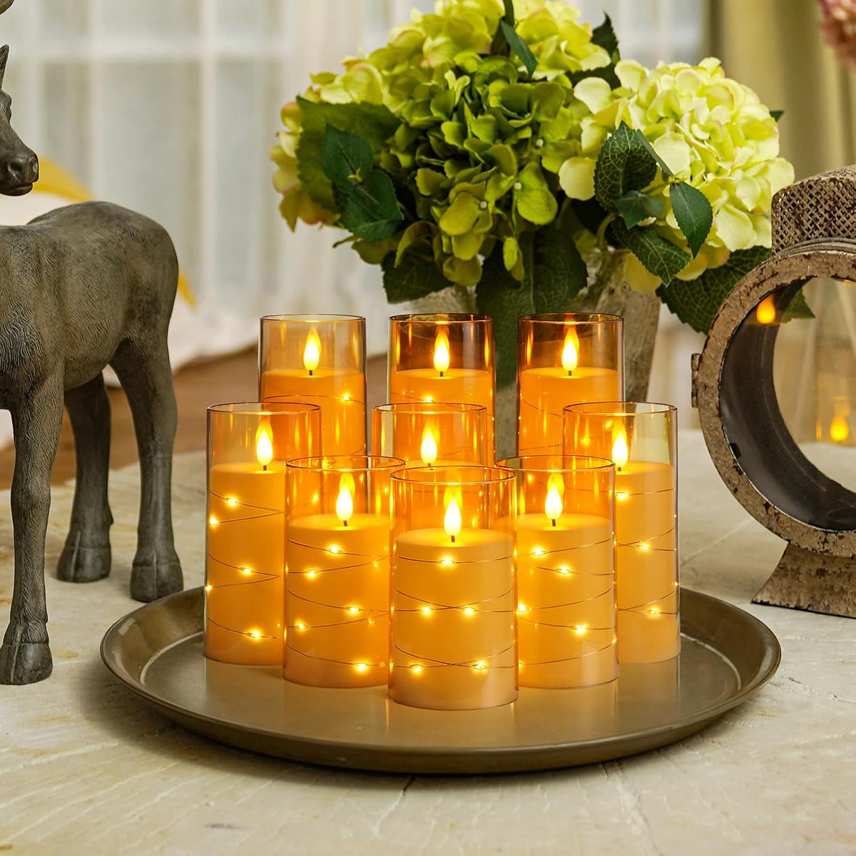 Homemory 9 Pcs Flameless Candles with Embedded Star String Fairy Lights, Battery Operated Candles, LED Candle, Fake
