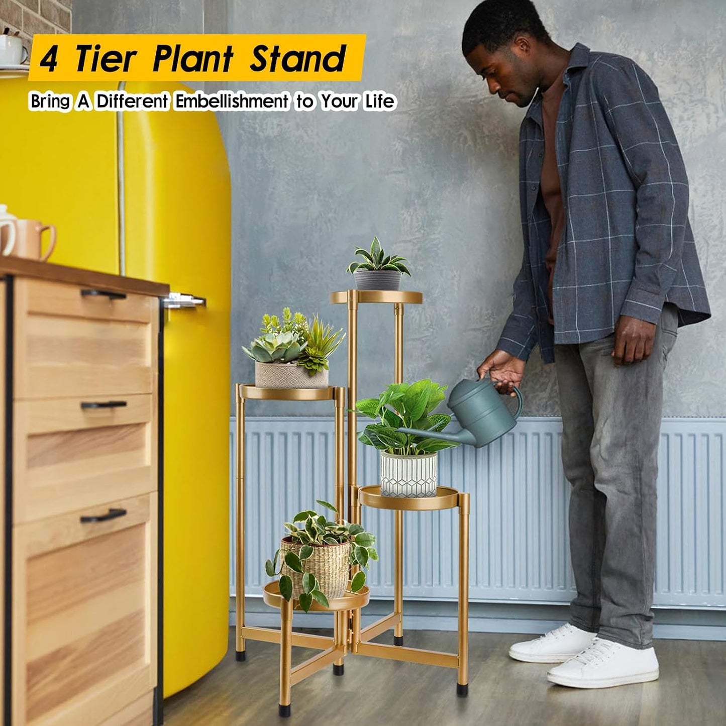 4 Tier Plant Stand Indoor Outdoor, 31 Inch Tall Metal Plant Shelf Waterproof, Plant Holder with Folding Design For