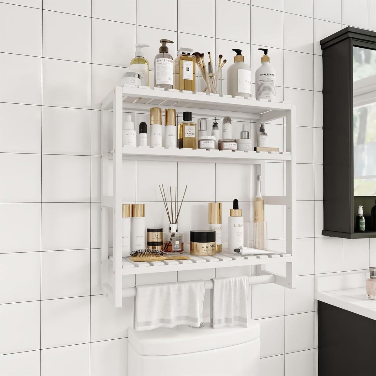 Galood Over The Toilet Storage Bathroom Shelves Wall Mounted 3 Tier White | Space Saver Corner Shelf Organizer Bamboo