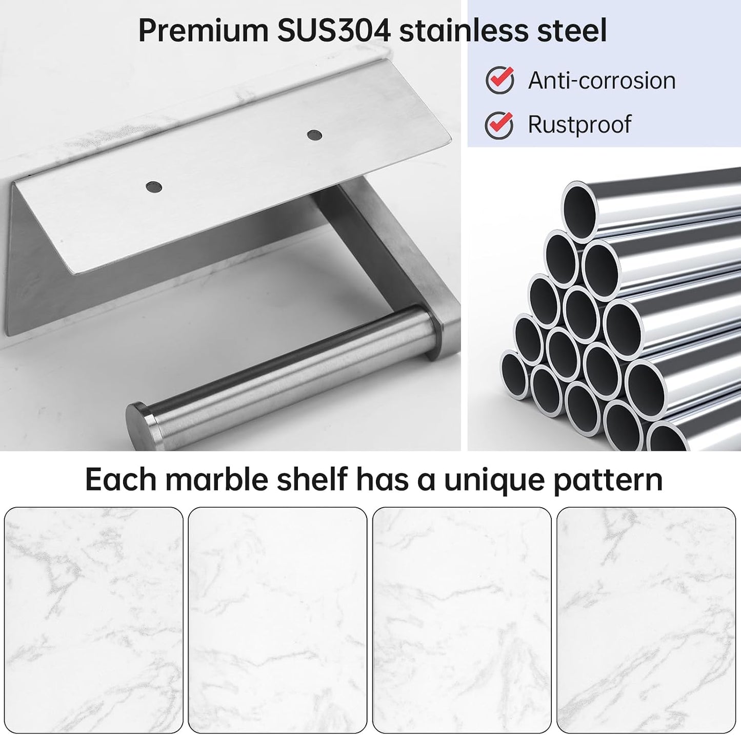 Toilet Paper Holder with Marble Shelf, SUS304 Stainless Steel Wall Mounted Toilet Paper Holder and 2 PCS Free Adhesive