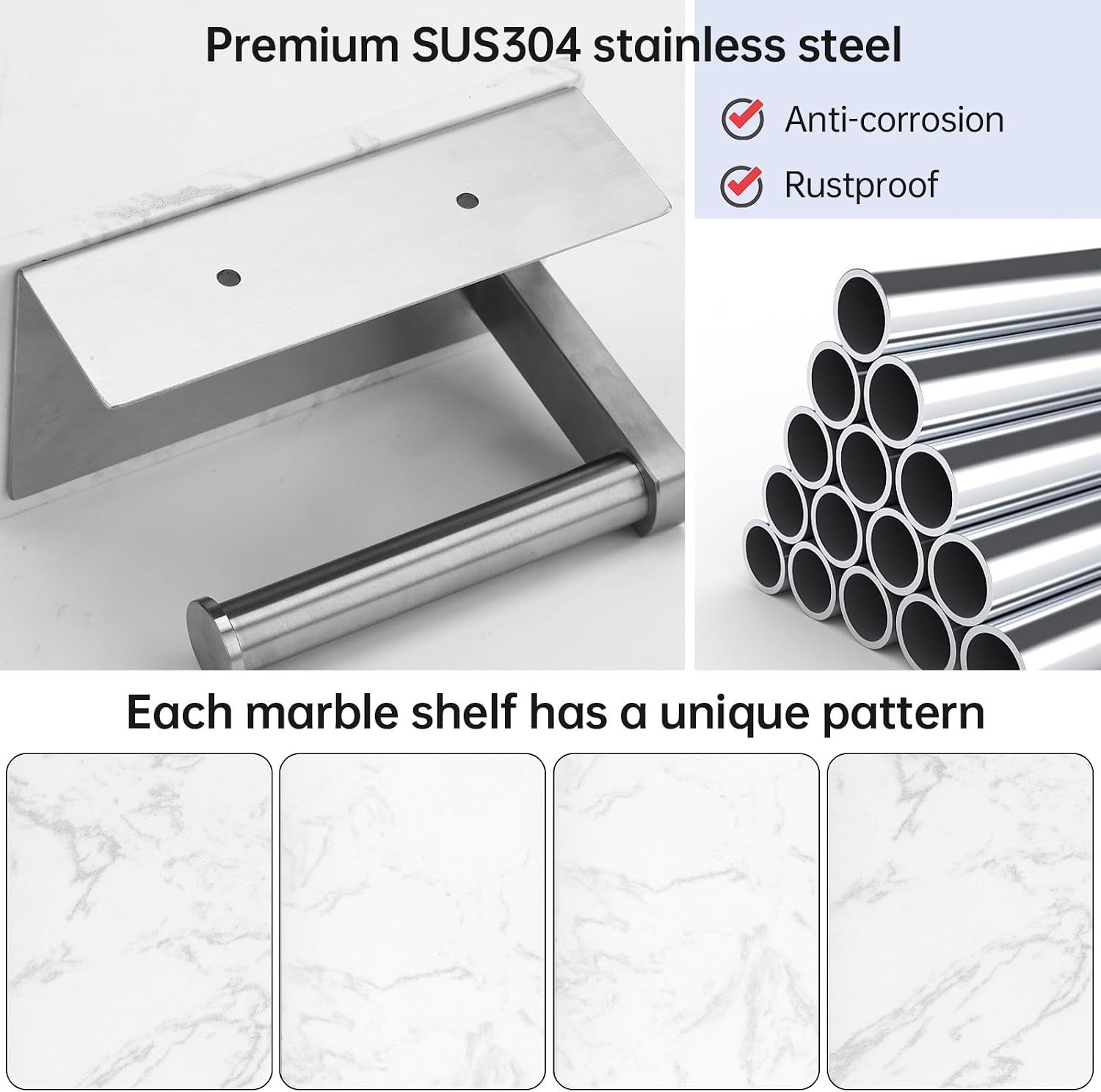 Toilet Paper Holder with Marble Shelf, SUS304 Stainless Steel Wall Mounted Toilet Paper Holder and 2 PCS Free Adhesive