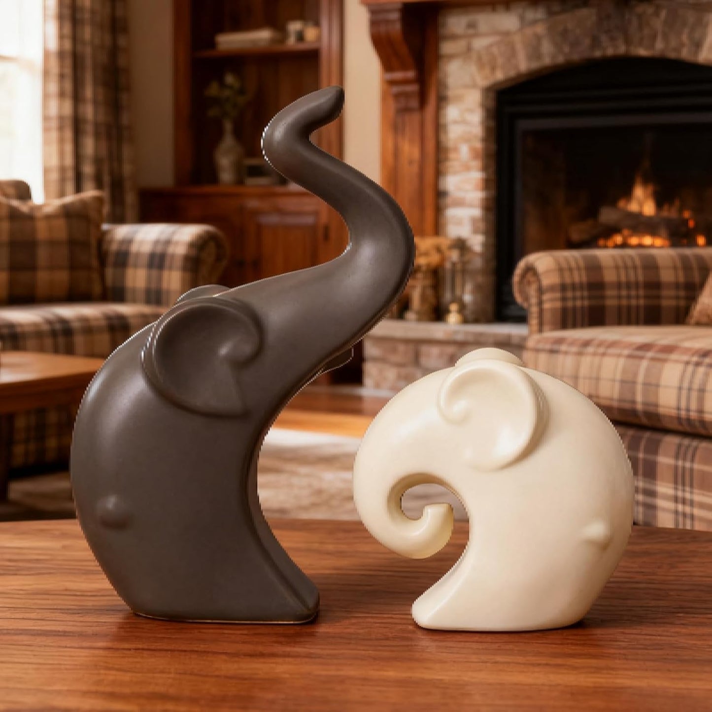 Ceramic Elephant Couple Statues