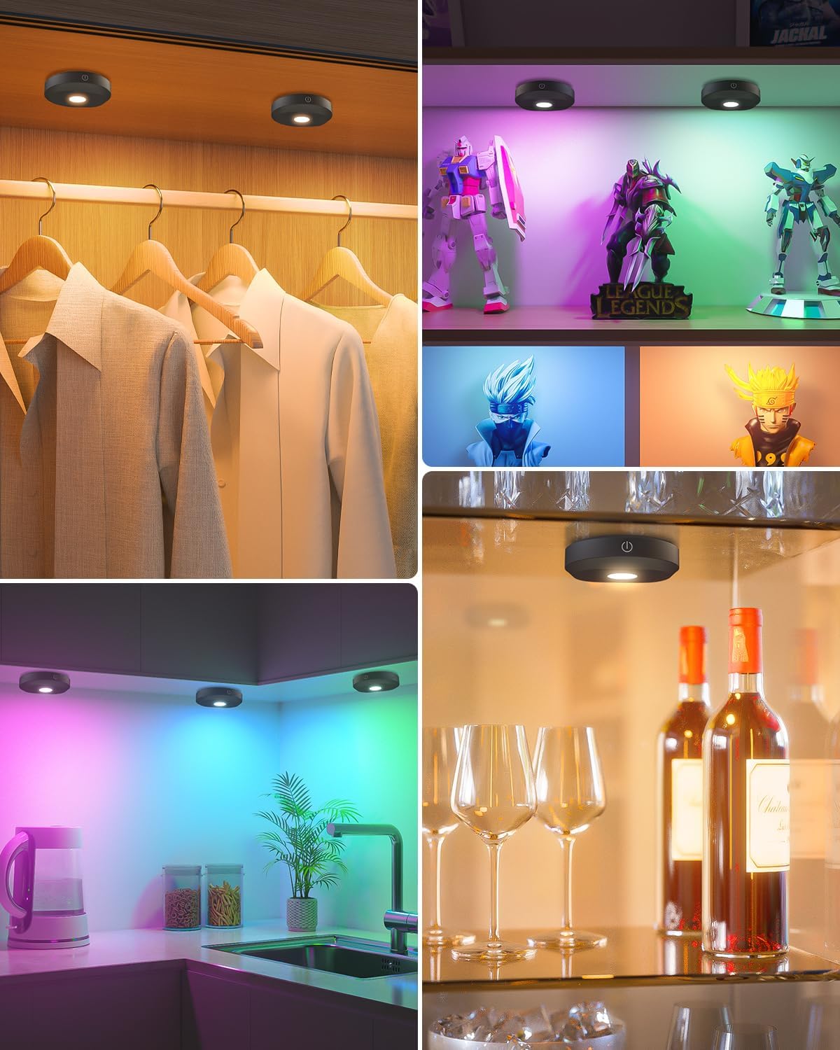 WILLED Under Cabinet Lighting Wireless,RGB Rechargeable Puck Lights with Remote Control,Battery Touch Tap Light with