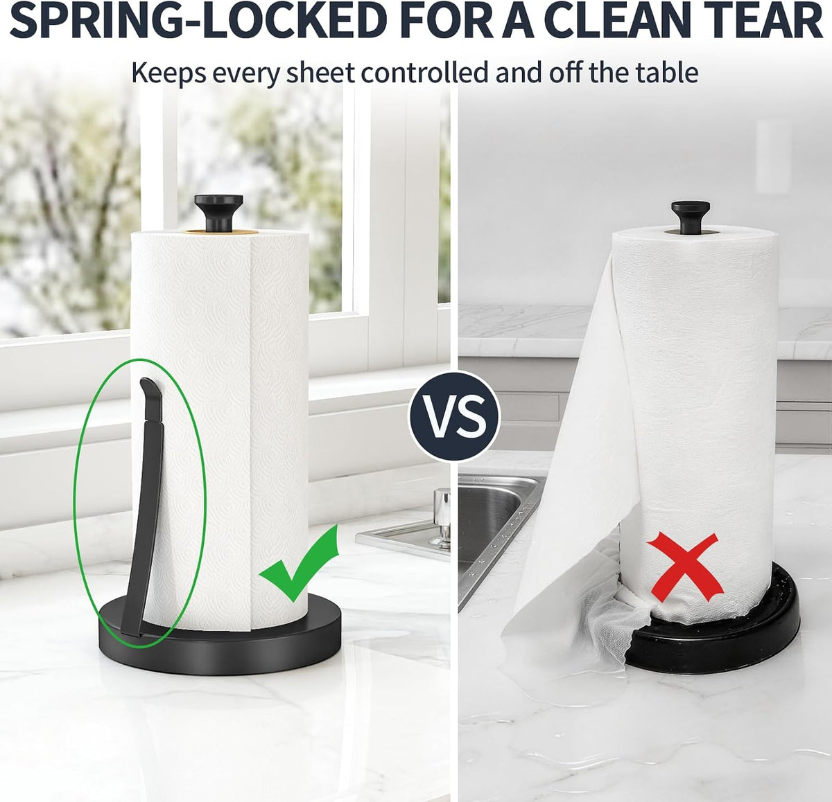 Jesginboo Countertop Paper Towel Holder for Kitchen, Black Tension Arm | One-Handed Tear, Stainless Steel Paper Towel