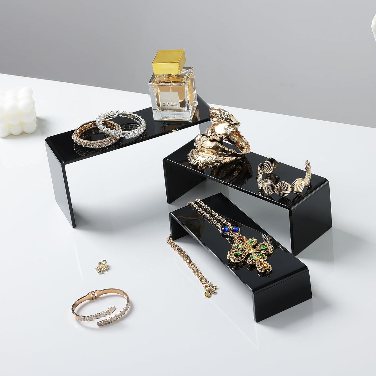 6 Pcs Acrylic Display Risers, 2 Set(7.9”L, 8.3”L, 8.7”L), Black | Rectangular Display Stands, Acrylic Display Shelves