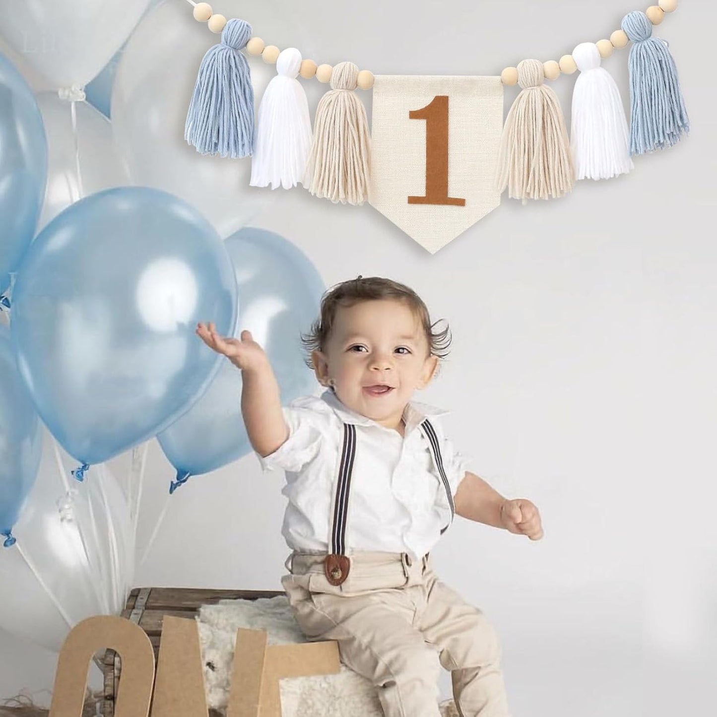 Handmade Boho Blue 1st Birthday High Chair Banner for Baby Boys Wall Hangings Wood / Brown and Blue
