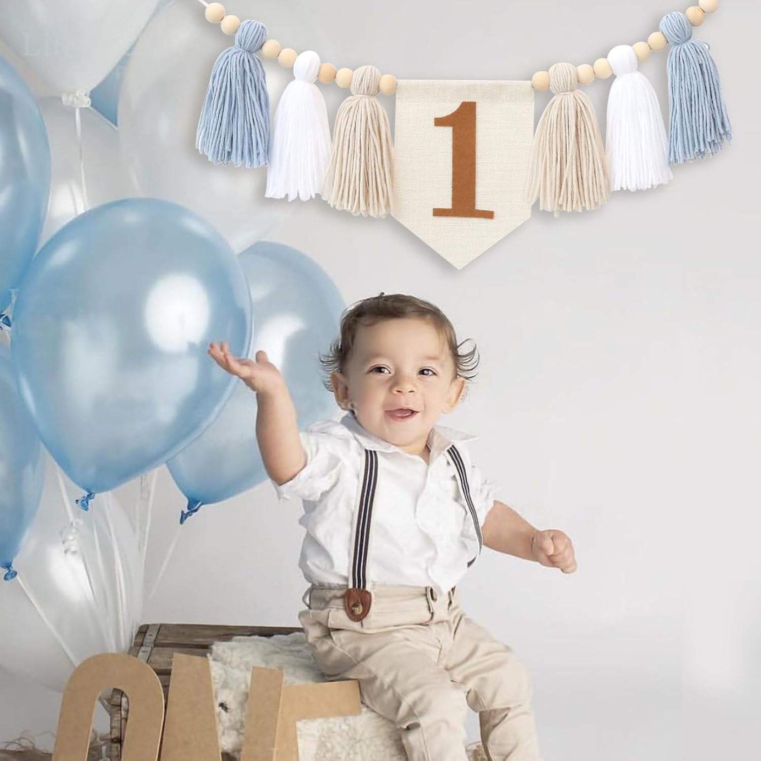 Handmade Boho Blue 1st Birthday High Chair Banner for Baby Boys Wall Hangings Wood / Brown and Blue