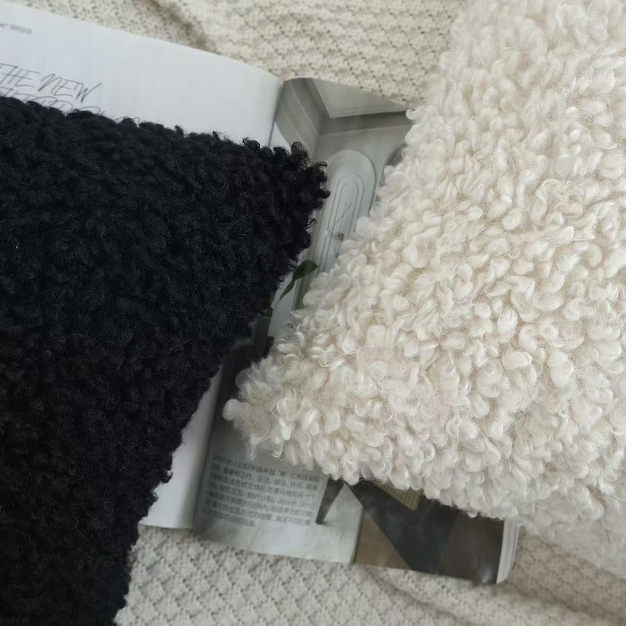Faux Fur Decorative Pillow Covers Soft Fluffy Sherpa Boucle Throw / Black / 18 x 18 / Set of 2