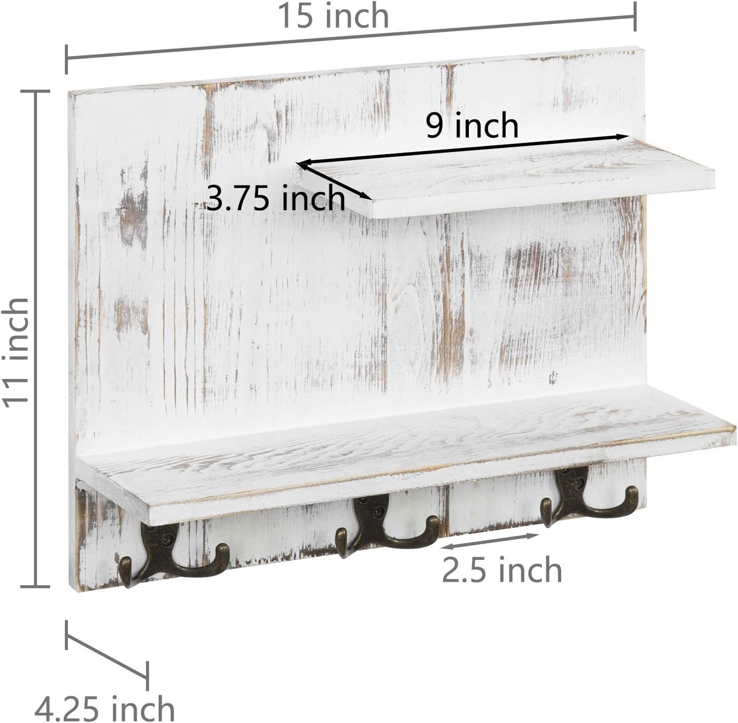 MyGift 2 Tier Wall Mounted Shabby White Washed Solid Wood Bathroom Storage Shelves, Decorative Entryway Floating Shelf