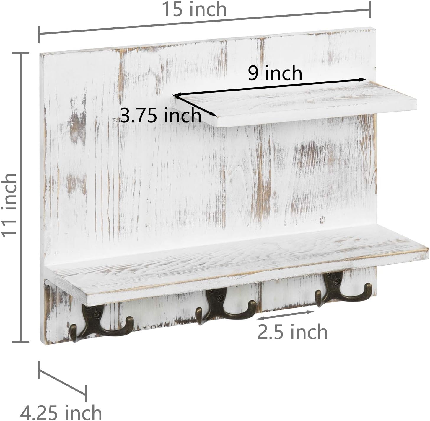 MyGift 2 Tier Wall Mounted Shabby White Washed Solid Wood Bathroom Storage Shelves, Decorative Entryway Floating Shelf
