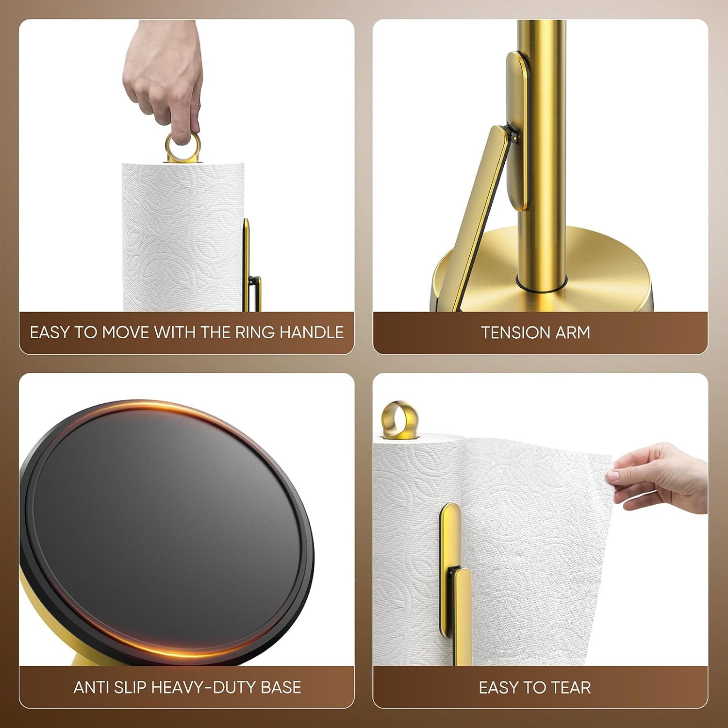 theaoo Heavy-Duty Paper Towel Holder with Tension Arm, Countertop(1, Gold) | Easy One-Handed Tear, Modern Stainless