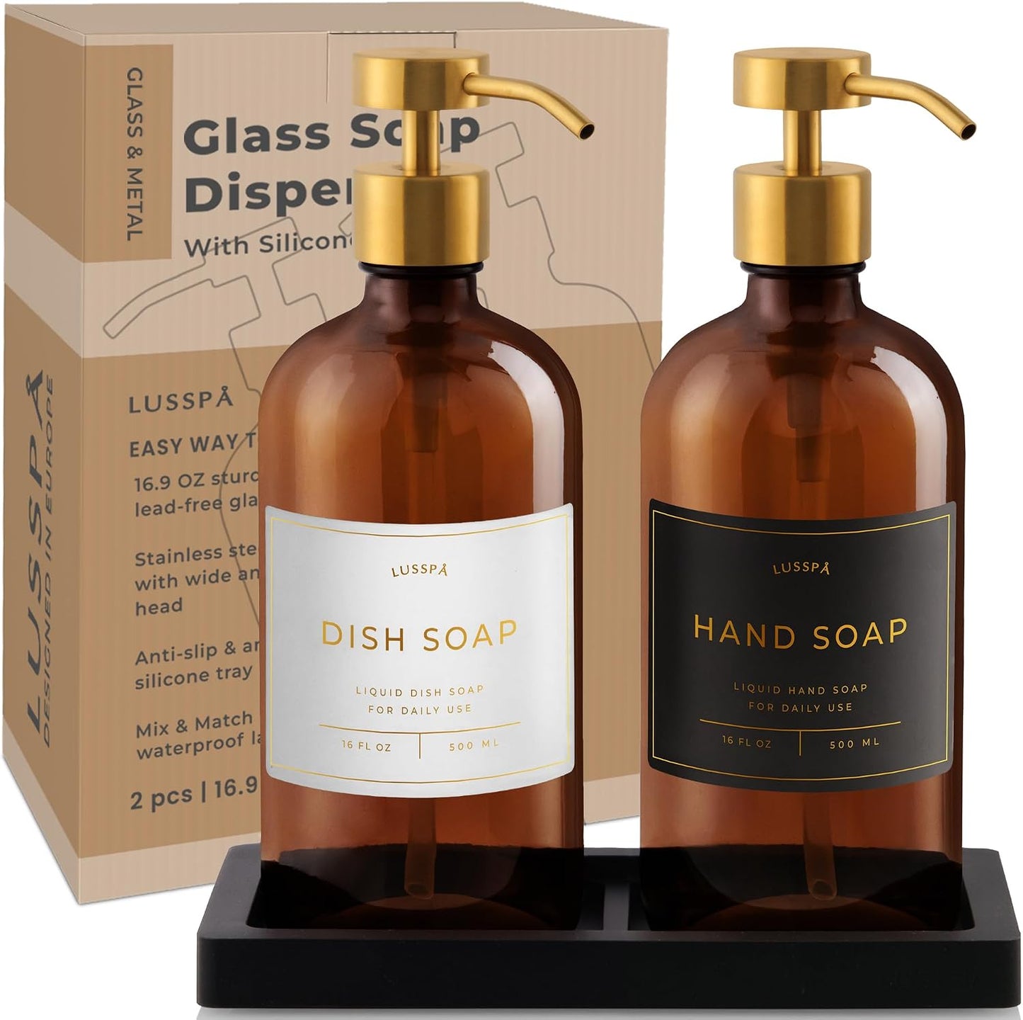 Glass Soap Dispenser Set of 2 (Amber) with Silicone Tray | Hand and Dish Soap Dispenser for Kitchen and Bathroom | 16.8