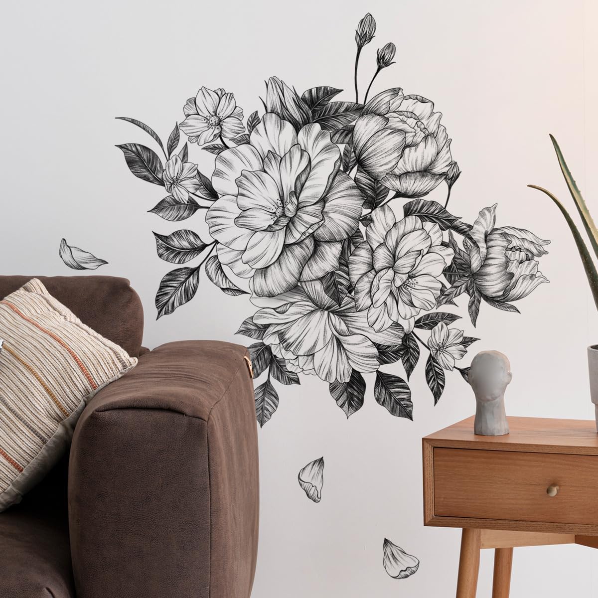 Black and White Floral Wall Decals Peony Flower Wall Stickers Living Room Bedroom / Black Floral