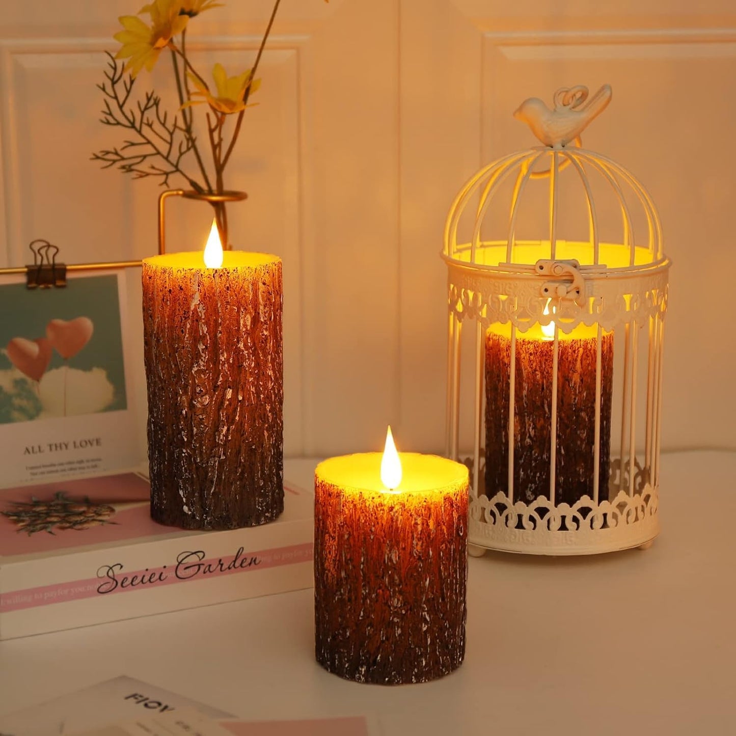 AKU TONPA Pine Bark Effect Flameless Candles Battery Operated Pillar Real Wax Flickering Electric LED Candle Sets with