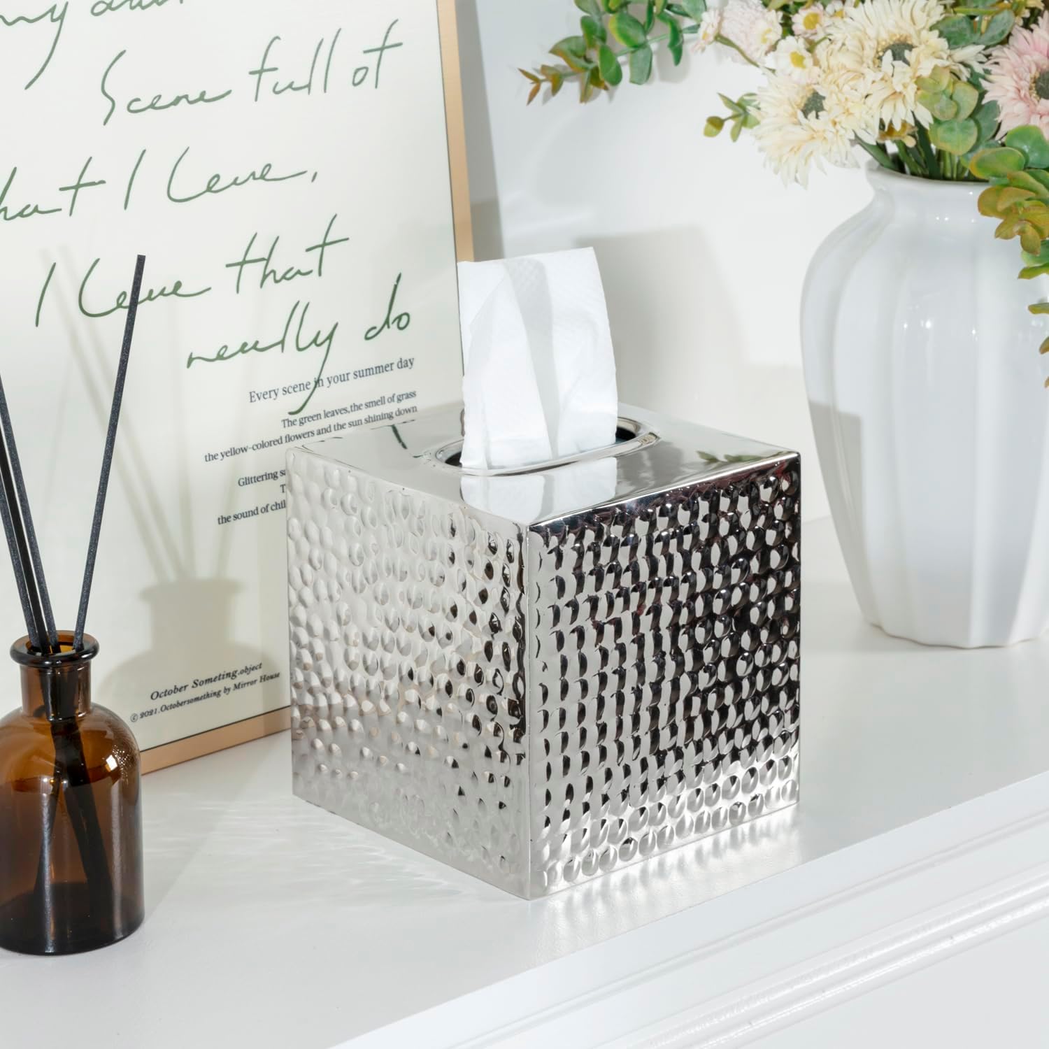 Modern Hammered Tone Metal Cube Facial Tissue Box Cover / Silver