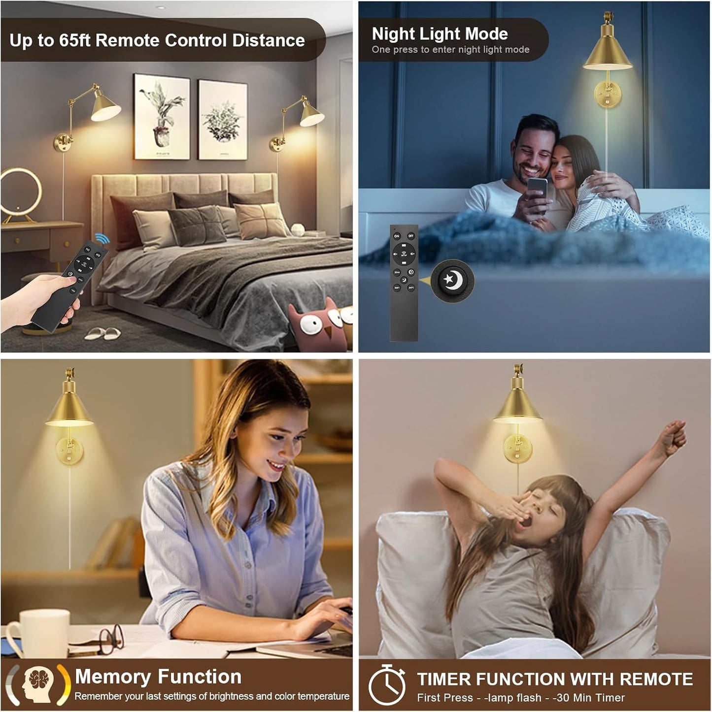 TRLIFE Wall Sconce with Remote Control, Brushed Brass Plug in Wall Sconces Dimmable and Adjustable Color Temperature