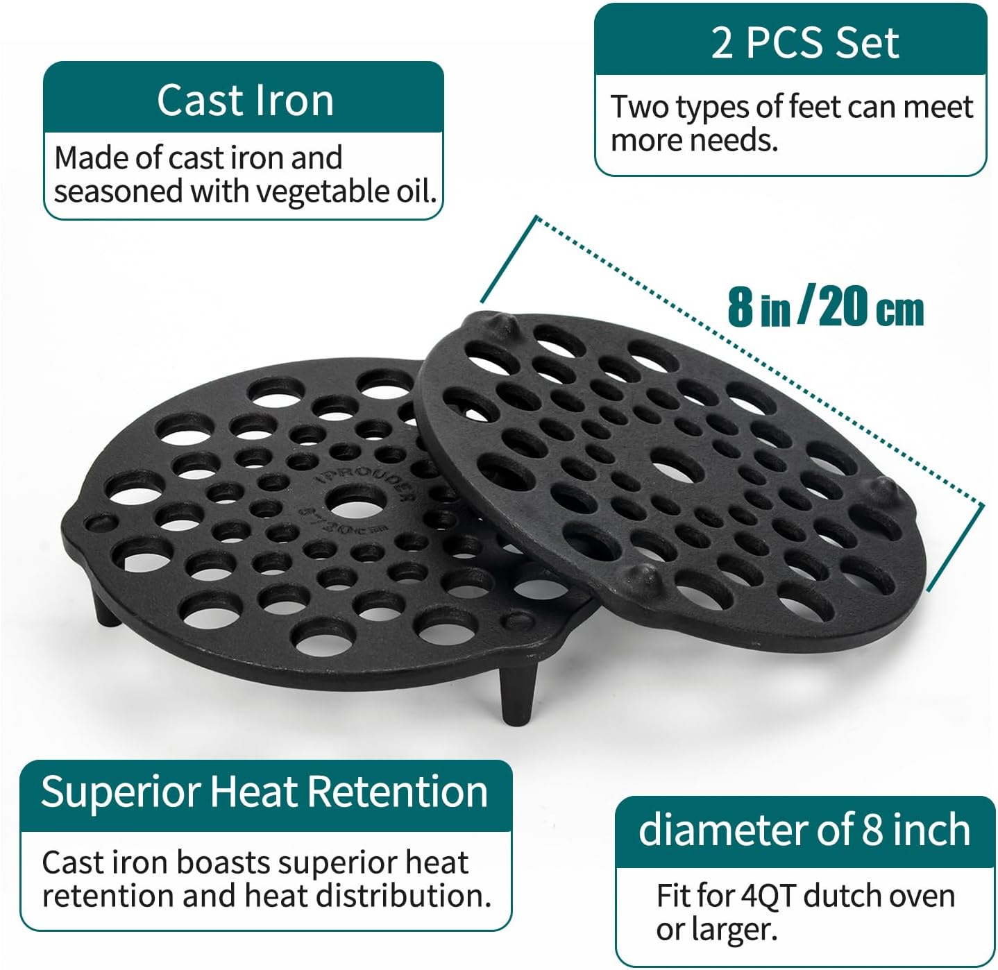 Cast Iron Trivet 2 PCS Set, 8-inch, Meat Rack, Cast Iron Grate for Dutch Ovens, Raise Food in Dutch Oven, Used as