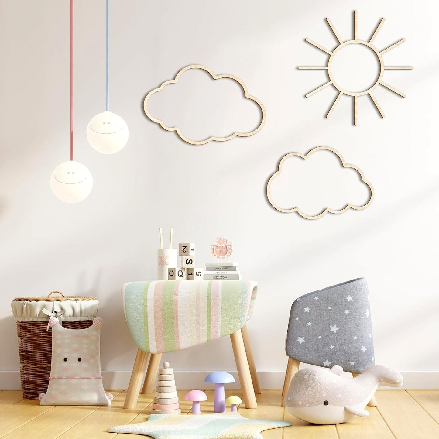 Boho Nursery Cloud Star Wall Decor Wooden Babyroom Moon Rattan Wall / Cloud, Rainbow, Sun / Set of 4