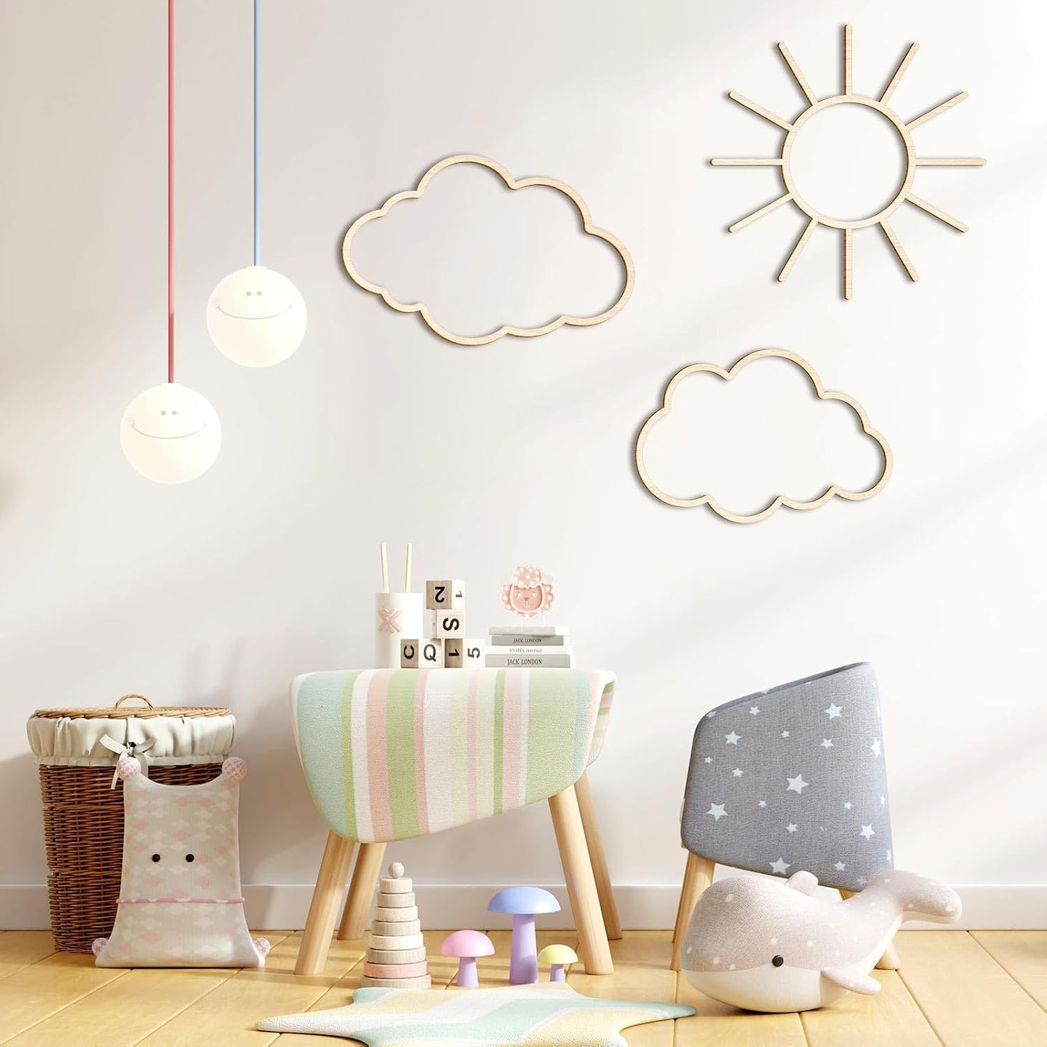 Boho Nursery Cloud Star Wall Decor Wooden Babyroom Moon Rattan Wall / Cloud, Rainbow, Sun / Set of 4