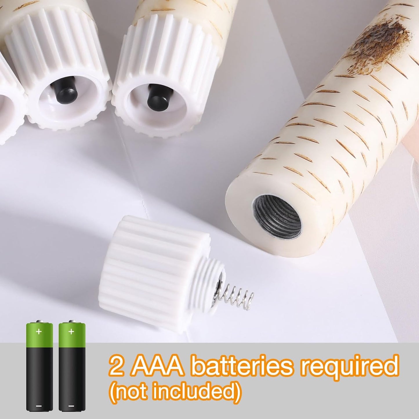 Short Birch Bark Flameless Taper Candles with Remote Set of 6 | Flickering Wood LED Candlesticks, Real Wax Coating, 2