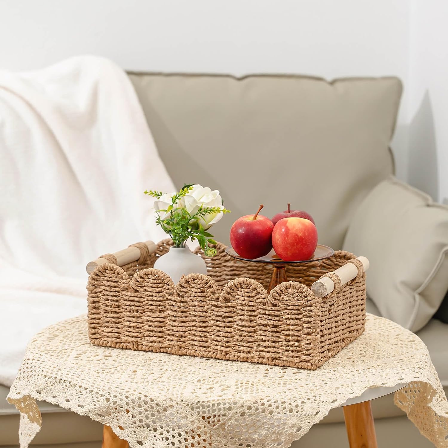 Scalloped Decorative Baskets for Over Toilet Shelves / Neutral / Small