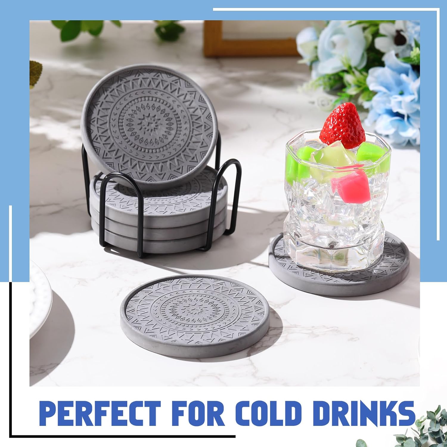 Holder Absorbent Stone Drink Coasters Instant Drying Tray for Tabletop / Black / Set of 4