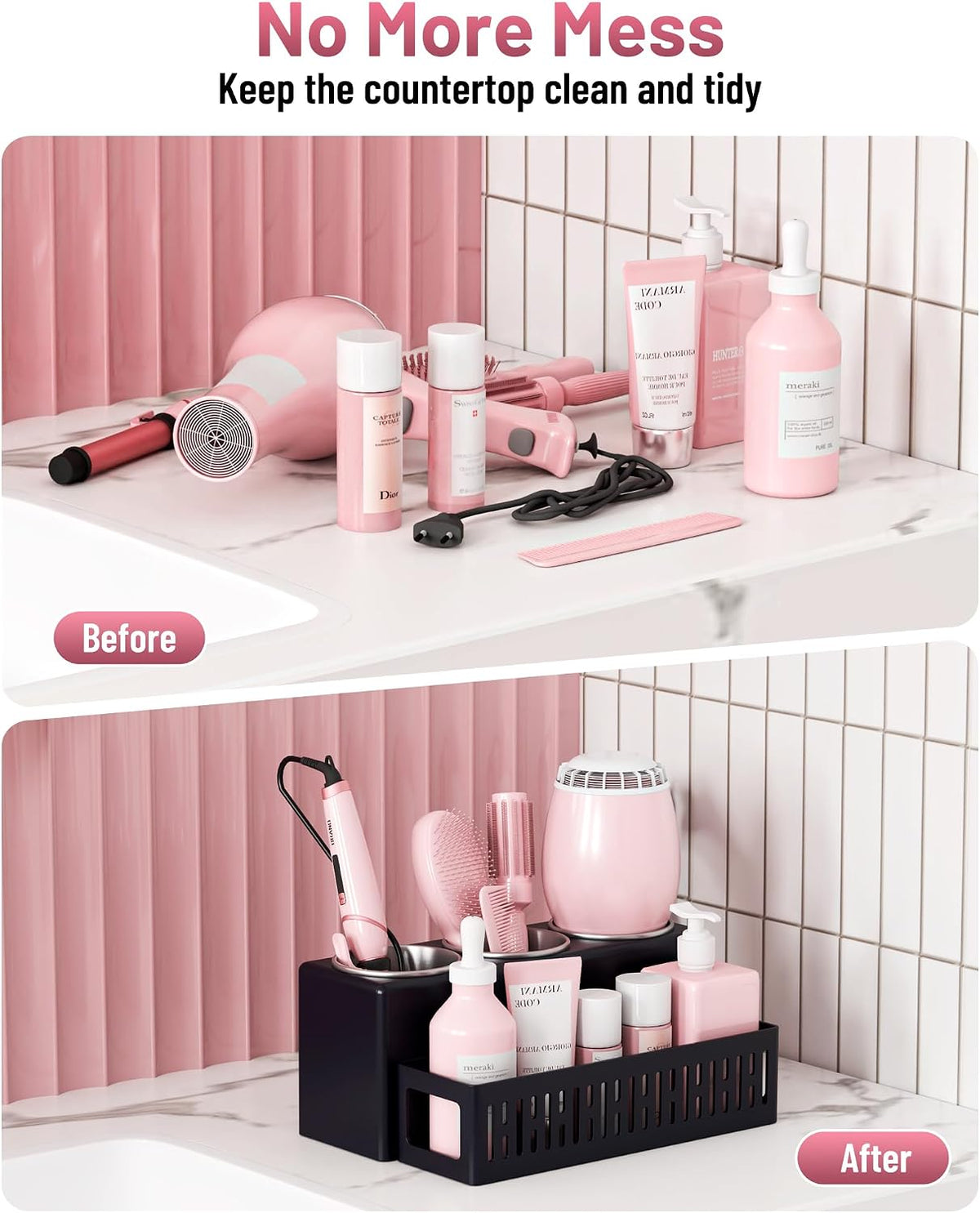 Hair Tool Organizer, Detachable Hair Dryer Holder with 3 Stainless Steel Cups, Wall Mounted Bathroom Organizers and