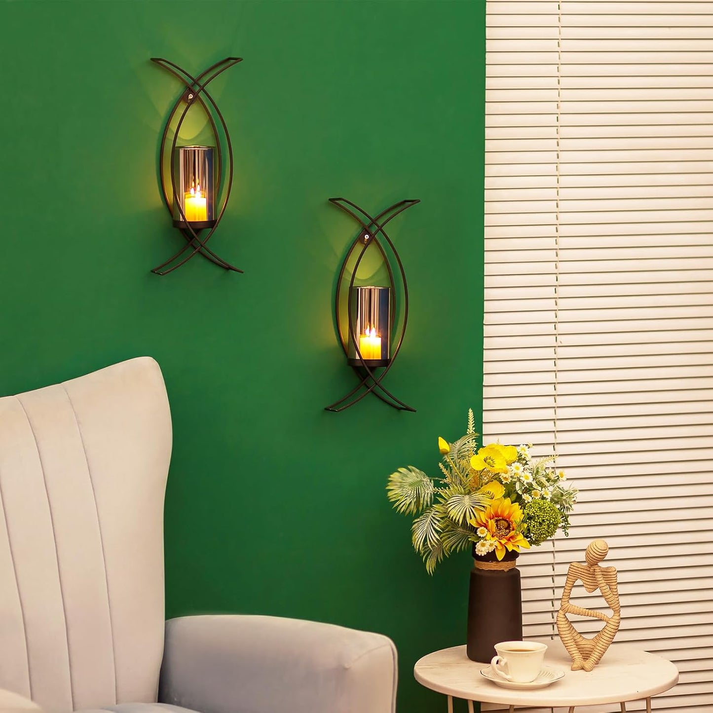 Black Metal Wall Candle Sconces Set of 2 with Glass Hurricanes | Wall Candle Holder for Pillar, 15 Inch Tray, Flameless
